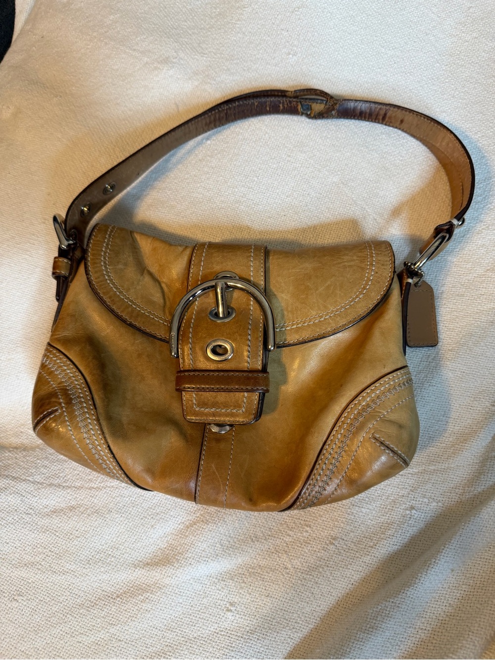 Coach Vintage Y2K Leather Shoulder Bag in Tan with Buckle Accent